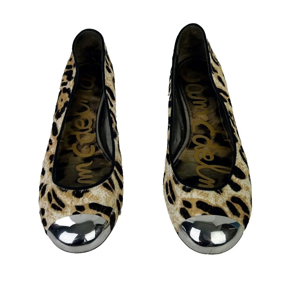 Sam Edelman Jordie Leopard Ballet Flats Calf Hair Leather Silver Cap Toe Shoes 8